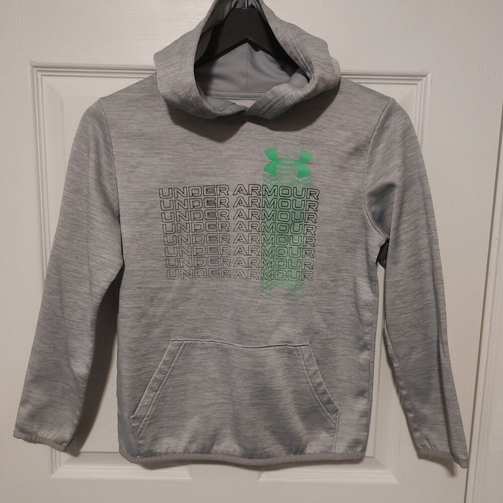 Under Armour Boys Youth Medium Hoodie Gray Fleece Pullover Green Logo